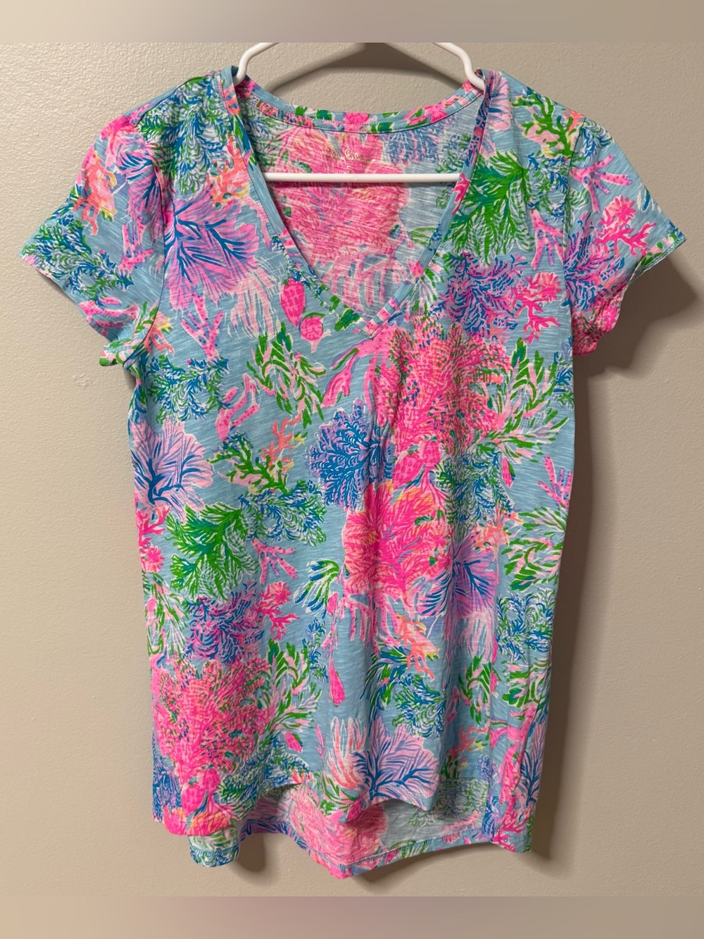 Lilly Pulitzer Etta V-Neck Blouse Top Slub Shirt Cay To My Heart Cotton Womens S
